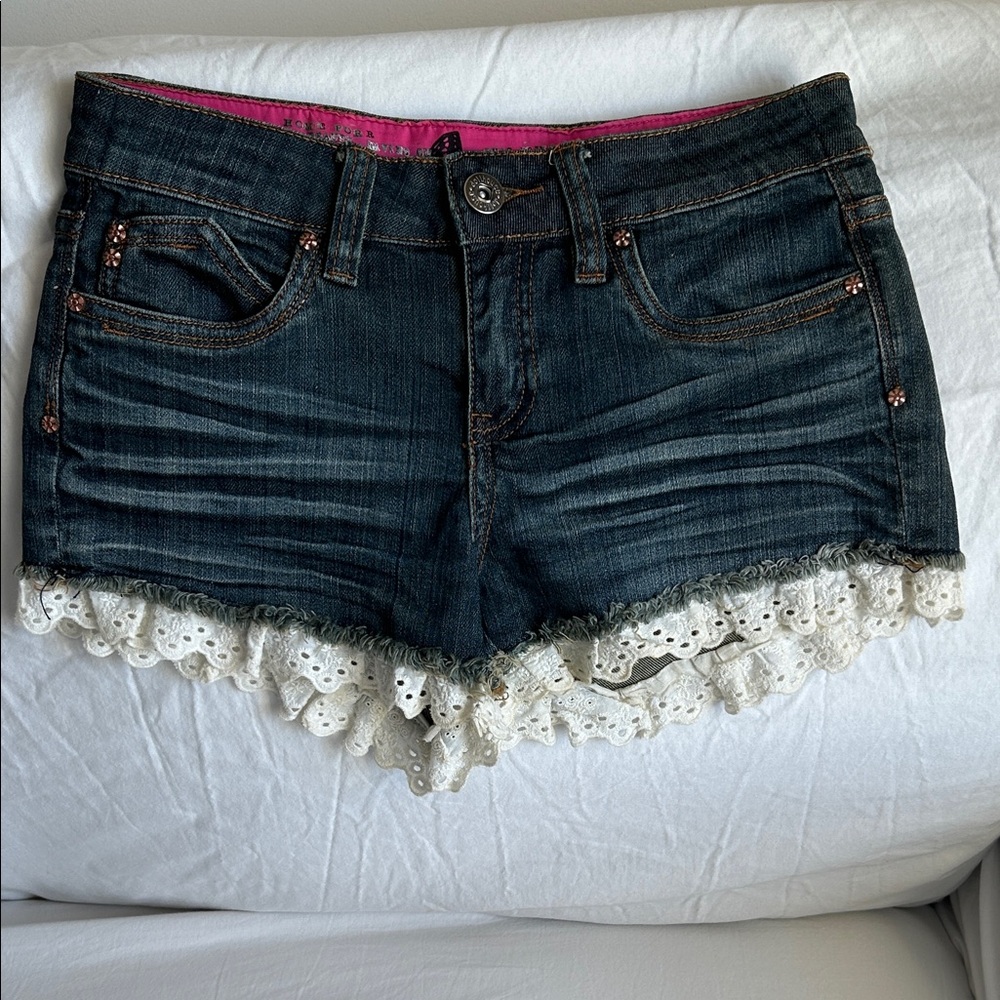 Dollhouse Dark Blue Jean Shorts with White Lace Trim